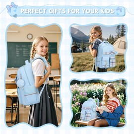 MOONBABY Girls Backpack, Kids Backpack for Girls School Bags with Pen Case, Bow Plaid Book Bag for Elementary Middle Primary High School College, Blue-2pcs