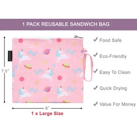 Reusable Sandwich Bag/Snack Bag for Kids & Adults, Dual Layer Lunch Bag with Handle, Washable, Food Safe, BPA Free (1-Pack, Planet Unicorn)
