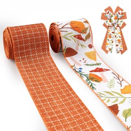 Blinket 2.5" Fall Burlap Fabric Ribbon for Wreath Bows Orange Plaid Autumn Leaf Wired Edge Ribbon for Crafts DIY 5 Yard Fall Ribbon for Thanksgiving Decorations Seasonal Gift Wrapping