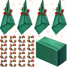 Suttmin 40 Pcs Christmas Napkins and Ring Set Green Cloth Napkins Washable 20 Pcs Christmas Napkin Rings 20 Pcs Christmas Napkins Cloth Red Berry Napkin Holder for Xmas Dinner Party Table Setting