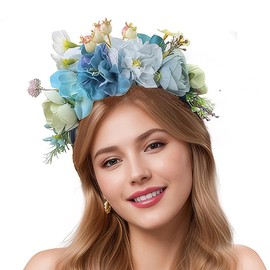Yheahin Boho Flower Crown Headband for Women Handmade Rose Floral Hair Band Beach Bridal Wedding Party Flower Headpiece Festival Photo Props (Flower 6, Elastic)