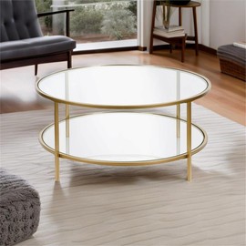 Pemberly Row 36" Round Modern Coffee Table with Tempered Glass Top & Metal Base, Open Shelf, Easy Assembly, in Brass/Hand Crafted Gold Finish
