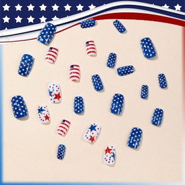 Fourth of July Press on Nails with Five-point Star Design, 4th of July Manicure Art Acrylic Short Square Fake Nails Stick on Nails Glossy Polka Dots False Nails Gel Glue on Nail for Women Girls 24Pcs