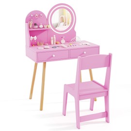 HONEY JOY Kids Vanity, Little Girls Vanity Set with Mirror and Stool and Lights, Drawers, Toddler Makeup Vanity Dressing Table, Wooden Pretend Play Kids Vanity Table and Chair Set (Pink)