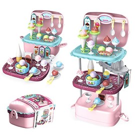 Ice Cream Toys 72pcs Dessert Shop Playset 3 in 1 Pretend Play Toy Set with Portable Shoulder Strap Storage Hamburger Design Role Play Kitchen Game for 3 4 5 6 Kids Toddlers Boys Girls