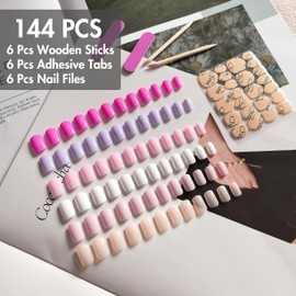 6 Pack Press On Nails Short, KQueenest Acrylic Press On Nails Square, Natural Bright Color Short Fake Nails Press On, Glossy Gel Glue On Nails Short Stick on Nails for Women Daily Wear 144 Pcs