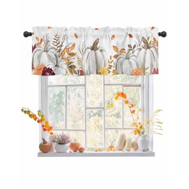 CosyBright Fall Window Valance Light Filtering Farmhouse White Pumpkins Window Treatment Flowers Maple Leaves Rod Pocket Curtain Valance,54x18 inch Thanksgiving Kitchen Valance for Bathroom Cafe