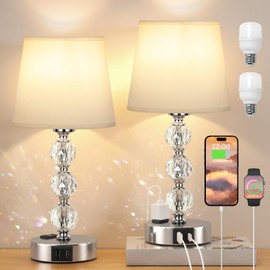 Acaxin Bedside Lamps for Bedrooms Set of 2 Nightstand- Crystal Table Lamps with USB C+A Ports & AC Outlet for Charging, 3 Way Dimmable Touch Silver Small Bed Side Lamp for Living Room/Guest Room