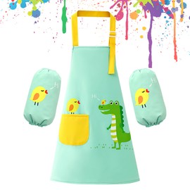 Kids Aprons with Pocket and 2 Sleeves, Adjustable Cute Toddler Apron, Cartoon Kitchen Cooking Baking Apron for Boys and Girls, Children's Apron for Art Painting Gardening Cooking for Children 6-13
