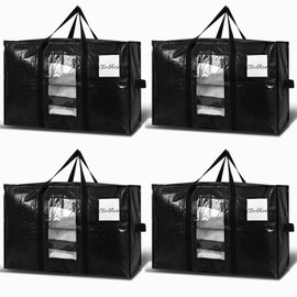 Uprimeasy Large Moving Bags, 4 Pack Heavy Duty Storage Bags with Wrap Handles & Zippers, Space Saving Storage Totes with Clear Window & Tag Pocket, Alternative to Moving Boxes (Black)