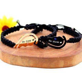 Mayfaith Romantic Black & Rose Gold Two-tone Stainless Steel Crazy His & Her Weirdo Carved Jewelry Set, 2 Pcs Adjustable Heart-shaped Puzzle Zirconia Bracelets, Couple Charm Bracelets