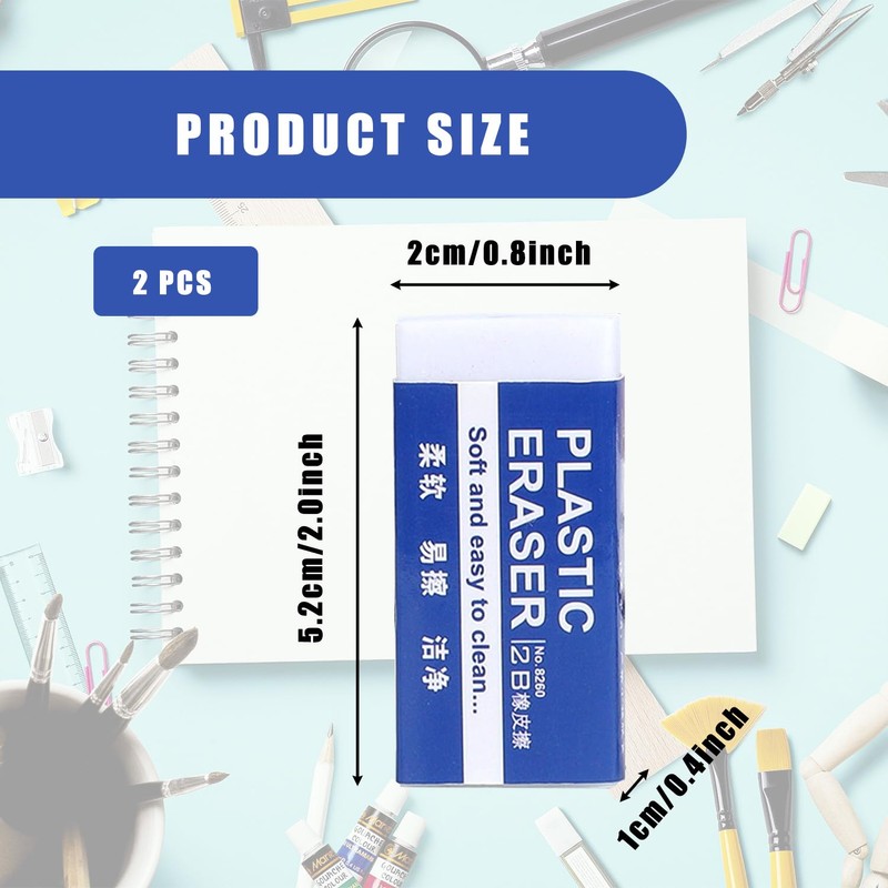 Bojueshaw 2pcs White PVC Pencil Erasers,Classic 2B Pencil Erasers,Student Drawing