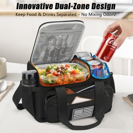 ETRONIK Tactical Lunch Box for Men, 15L Insulated Lunch Bag with Hot/Cold Compartments, Men's Lunch Box Fits 3 Meals + Snacks, Adult Lunch 8H Cooler Bags for Work, Hiking, Beach, Gym, Black