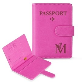 COSHAYSOO Initial RFID Passport Holder for Travel Women Passports Cover Case Air Essentials Airplane Flight Accessories Airline Plane Flying Must Haves Christmas Gift Butterfly Letter Hot Pink M