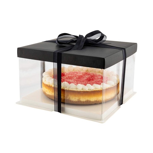 Restaurantware Sweet Vision 10 Inch x 8.25 Inch Transparent Cake Boxes, 10 Grease Resistant Base Clear Cake Boxes - Black Lid, Black Ribbon, Plastic Birthday Cake Boxes, For Weddings Or Birthdays