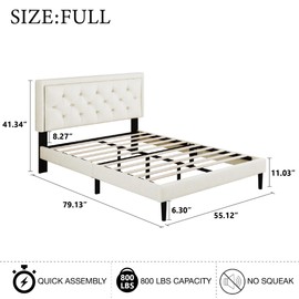 Sismplly Full Size Bed Frame with Velvet Button Tufted Headboard, Modern Upholstered Platform Bed, Mattress Foundation, Easy Assembly, No Box Spring Needed, Beige