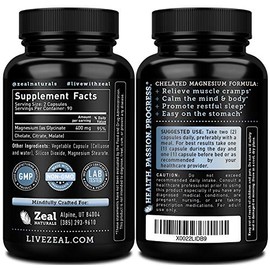 Zeal Naturals Magnesium 400 mg 180 Cápsulas - Apoyo para la calma - Relajación física - Hecho en USA                                                  