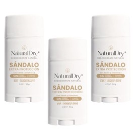 NaturalDry Desodorante Natural Sándalo Extra Protección 24h | Deportista Humor Fuerte | Sin Aluminio ni Parabenos | Con Karité y Vitamina E | 50g c/u | Pack 3 Piezas