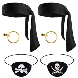 6pcs Pirate Costume, Pirate Accessories with 2pcs Eye Patches 2pcs Headscarf & 2pcs Earrings Pirate (Black&Black Headscarf)