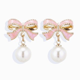 Gold Pearl Bow Earrings For Women Trendy Pink Coquette Drop Stud Ribbon Silver Earrings Dangle Jewelry - Unique Gifts For Wife Preppy Cute Teen Accessories 2025 (pink gold)