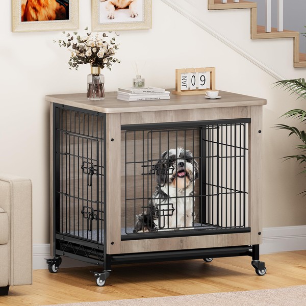 DWVO Dog Crate Furniture with Wheels, 27" Dog Kennel Indoor
