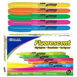 BAZIC Highlighter Assorted Color Pen Style, Chisel Tip Broad Fine Line Highlighters, Unscented Highlighting Coloring Marker (12/Pack), Total 12-Count