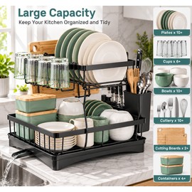 2-Tier Dish Drying Rack for Kitchen Countertops – Removable Metal Dish Organizer for Dishes, Glasses & Utensils