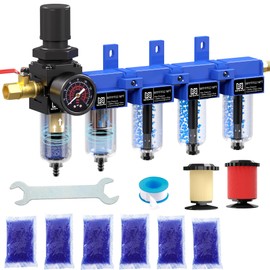 NEWPO 1/4 Inch NPT Five Stage Air Drying System,Brass Filter,Triple Desiccant Dryer and Air Regulator,Coalescing Filter,Air Pressure Regulator with 5＆0.01 Micron-Blue