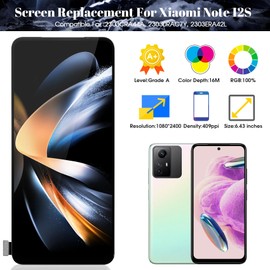 for Xiaomi Redmi Note 12S LCD Screen Replacement for Redmi Note 12S Display 2303CRA44A, 23030RAC7Y, 2303ERA42L Touch Screen Digitizer Assembly Repair Parts Kits(Black,Without Frame)