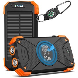 Power Bank, Banco de energía solar, cargador portátil Qi Batería externa de 10,000 mAh Tipo C Puerto de entrada Linterna dual, brújula (IPX4 a prueba de salpicaduras, a prueba de polvo, a prueba (Naranja)