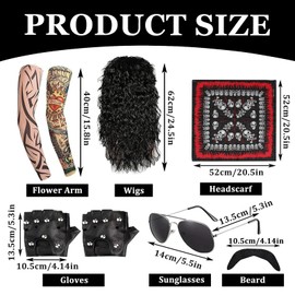 Celestia Rocker Costume Men's Wigs Black Curly Disco Costume Men's Party Costume Men with Wigs Sunglasses Beard Sleeves Gloves Headscarves for 70s 80s 90s