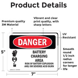 (2 Pack) Battery Charging Area Risks OSHA Danger Sign 7 Inch X 5 Inch Vinyl Label Decal Sticker Weather Resistant, UV Protected for Workplace, Business, and Construction Site, Made in the USA
