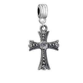 Sexy Sparkles Religious Cross Dangle Charm Bead – European Snake Chain Bracelet Compatible, Fits European, Biagi, Chamilia, Silver-Tone Spacer Bead
