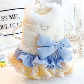 Autumn/Winter Thick Padded Pet Princess Dress with Lace Fur Collar for Small Dogs & Cats Dog XS/White