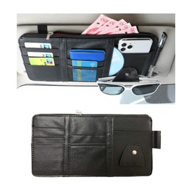 Ohleats Car Sun Visor Organizer, Multifunctional Visor Storage Holder for License Pen Key, Leather Card Cash Pouch with Multi-Pocket Net Zipper, Universal Interior Car Accessories (Black)
