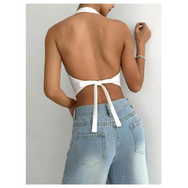 MakeMeChic Women's Button Front Halter Crop Tops Tie Back Fitted Vest Top Suit Vest Waistcoat White Large