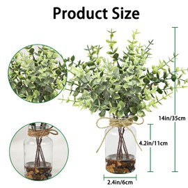 unlemoni 2 Pack Artificial Eucalyptus Stems in Glass Vase with Faux Water Stone, 11" Fake Eucalyptus Leaves Faux Greenery Branches Plants for Kitchen Home Table Centerpiece Decor (LightGreen)