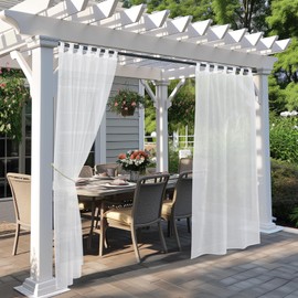 PONY DANCE Outdoor Curtains, White Transparent Outdoor Curtain, Waterproof, 2 Pieces, Patio Curtains with Velcro Fastening, Linen Look, Outdoor Curtains for Gazebo, H 274 x W 137 cm