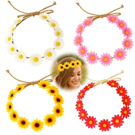 4pcs Daisy and Sunflower Flower Headband, Adjustable Boho Floral Hair Wreath, Beautiful Flower Crown, Flower Headbands for Women and Girls - Wedding, Beach, Festival