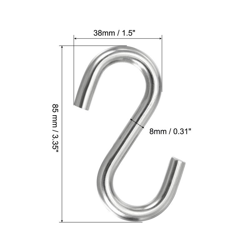 PATIKIL Set of 4 S Hooks 3.4" 304 Stainless Steel