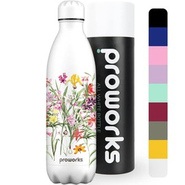 PROWORKS Thermosflasche, BPA-frei, wiederverwendbar, Edelstahl, 12 Stunden warm und bis zu 24 Stunden kalt, Sport, Fitnessstudio, Reise, 1 l, Weiß – Botanisch