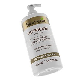Biometik, Loción Corporal para Rostro y Cuerpo, Ideal para Piel Seca, Sistema Nutrición con Leche de Coco y Aceite de Aguacate, 420 ml