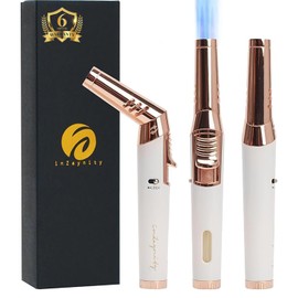 inZaynity Pen Torch Lighter - Windproof Jet Flame, Tiltable Head & Refillable Butane Torch with Adjustable Flame - Compact & Portable Lighters for Candle, Cooking, BBQ, Camping & DIY - White & Gold