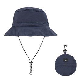 MOODKEY Waterproof Bucket Rain Hat with Chin Strap, Packable Sun Hat Men Women Summer Lightweight Hiking Outdoor Cap (CA/US, Alpha, Medium, Navy Blue)