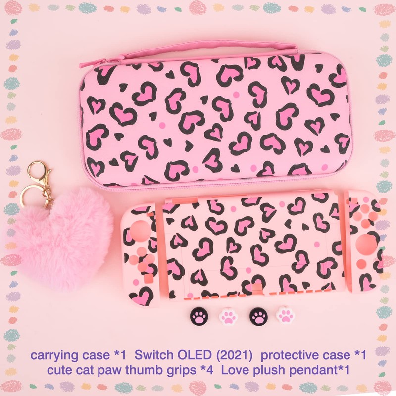 DLseego Pink Love Leopard Carrying Case for Switch OLED, Cute