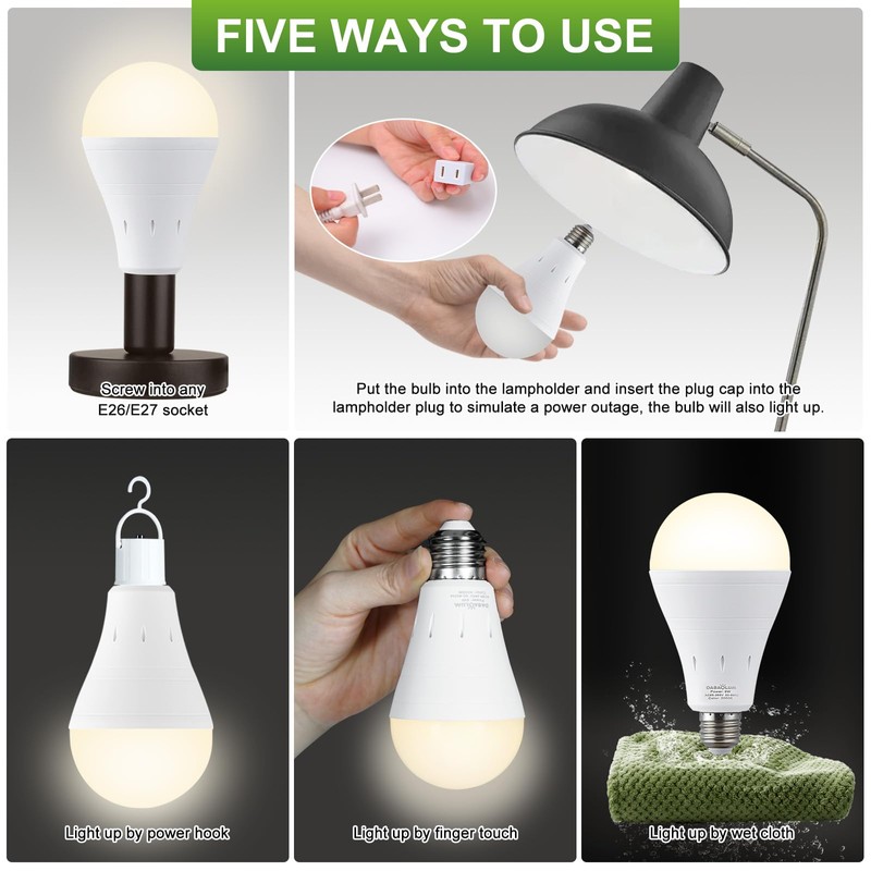 DABAOLUM 4 Pack Rechargeable Emergency Light Bulbs, Battery Powered LED