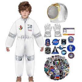 Astronaut Costume Kids Spaceman Costume Unisex Spaceman Role Play Costume Set with Jumpsuit Gloves Helmet Name card Astronaut Stickers Patches for Carnival World Book Day Costume Dress Up Party (L)