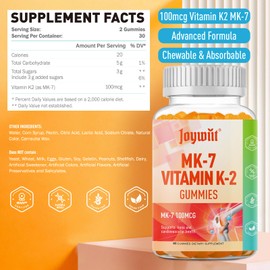 Joywiit Vitamin K2 MK-7 Gummies 100mcg, Extra Strength K2 Vitamin Supplement for Bone & Heart Support, Chewable Natural Orange Flavor, Non GMO, Vegan, 60 Gummies