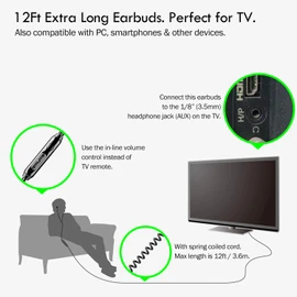 Extra Long Earbuds for TV & PC, with 12FT Spring Coiled Extension Cable, Volume Control & Mic, in-Ear Wired Headphones for 3.5mm Audio Output Devices, ChanGeek CGS06