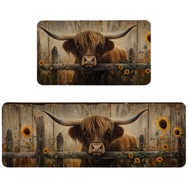 HSOWKDN Farmhouse Kitchen Rugs Sets of 2 Non Slip Washable, Rustic Brown Highland Cow Kitchen Mats for Floor 2 Piece Home Decor